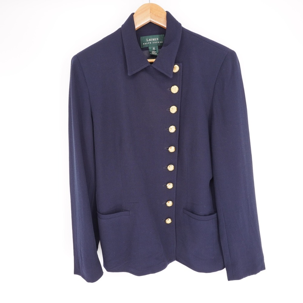 Lauren Ralph Lauren Blazer Womens 10 Blue Gold Button Wool Military Jacket Lined